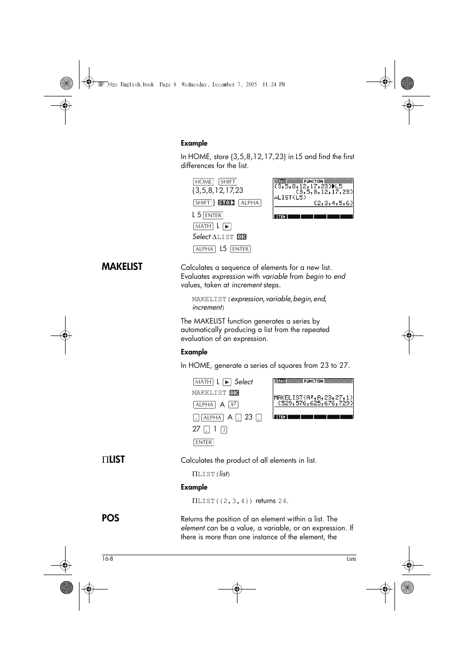 Makelist, Π list | HP 39gs User Manual | Page 212 / 314