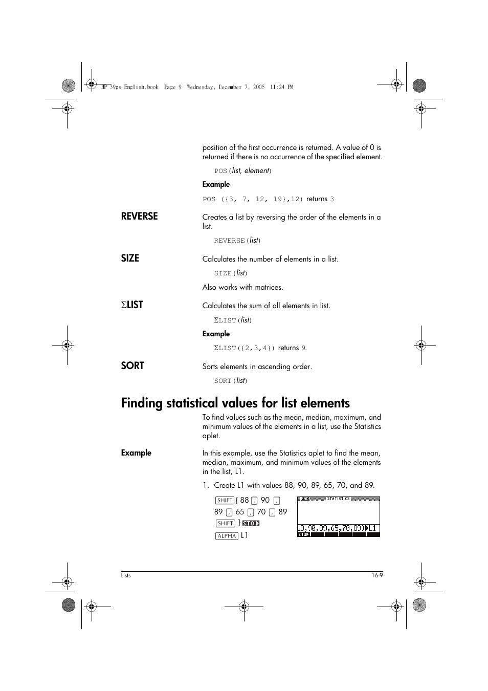 Finding statistical values for list elements, Reverse, Size | Σ list, Sort | HP 39gs User Manual | Page 213 / 314