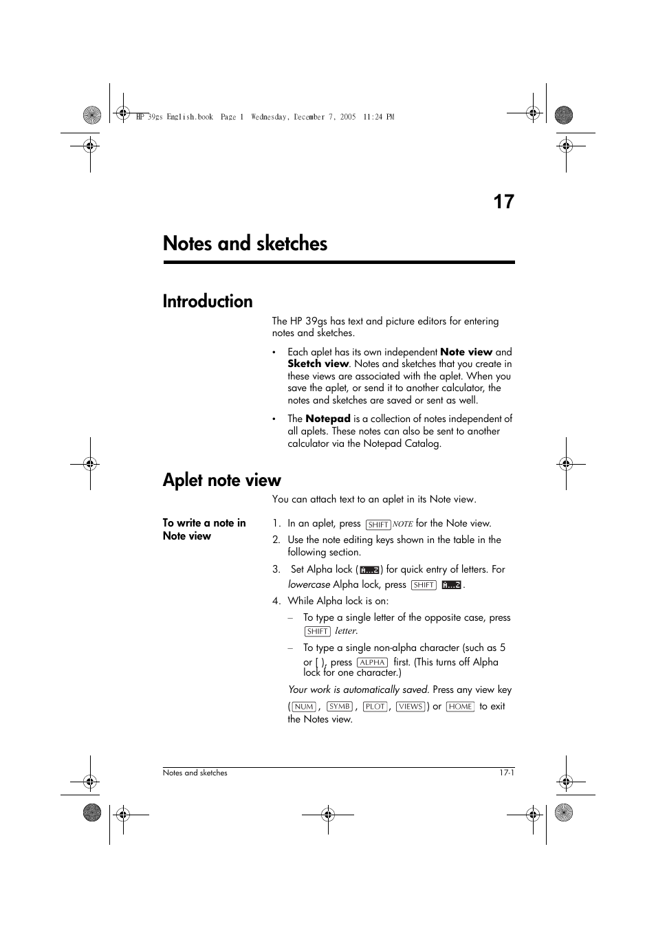 Notes and sketches, Introduction, Aplet note view | Ter 17, “notes and, Sketches | HP 39gs User Manual | Page 215 / 314