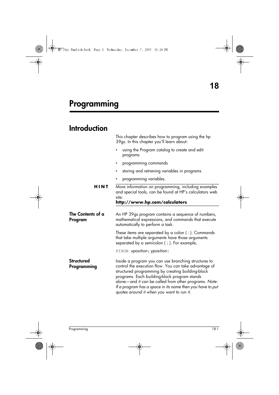 Programming, Introduction, Ts. see chapter 18 | 18 programming | HP 39gs User Manual | Page 223 / 314