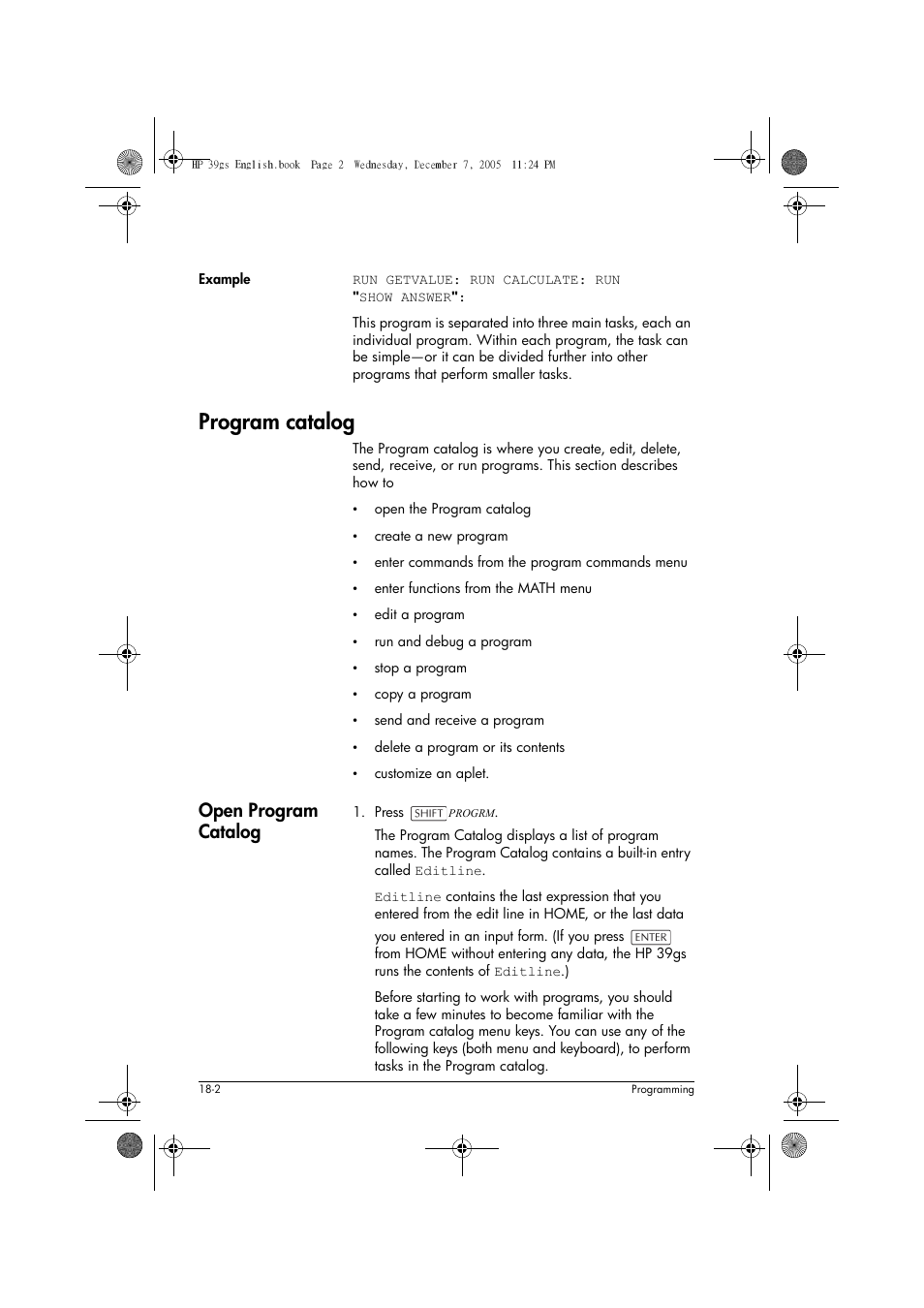 Program catalog, Open program catalog | HP 39gs User Manual | Page 224 / 314
