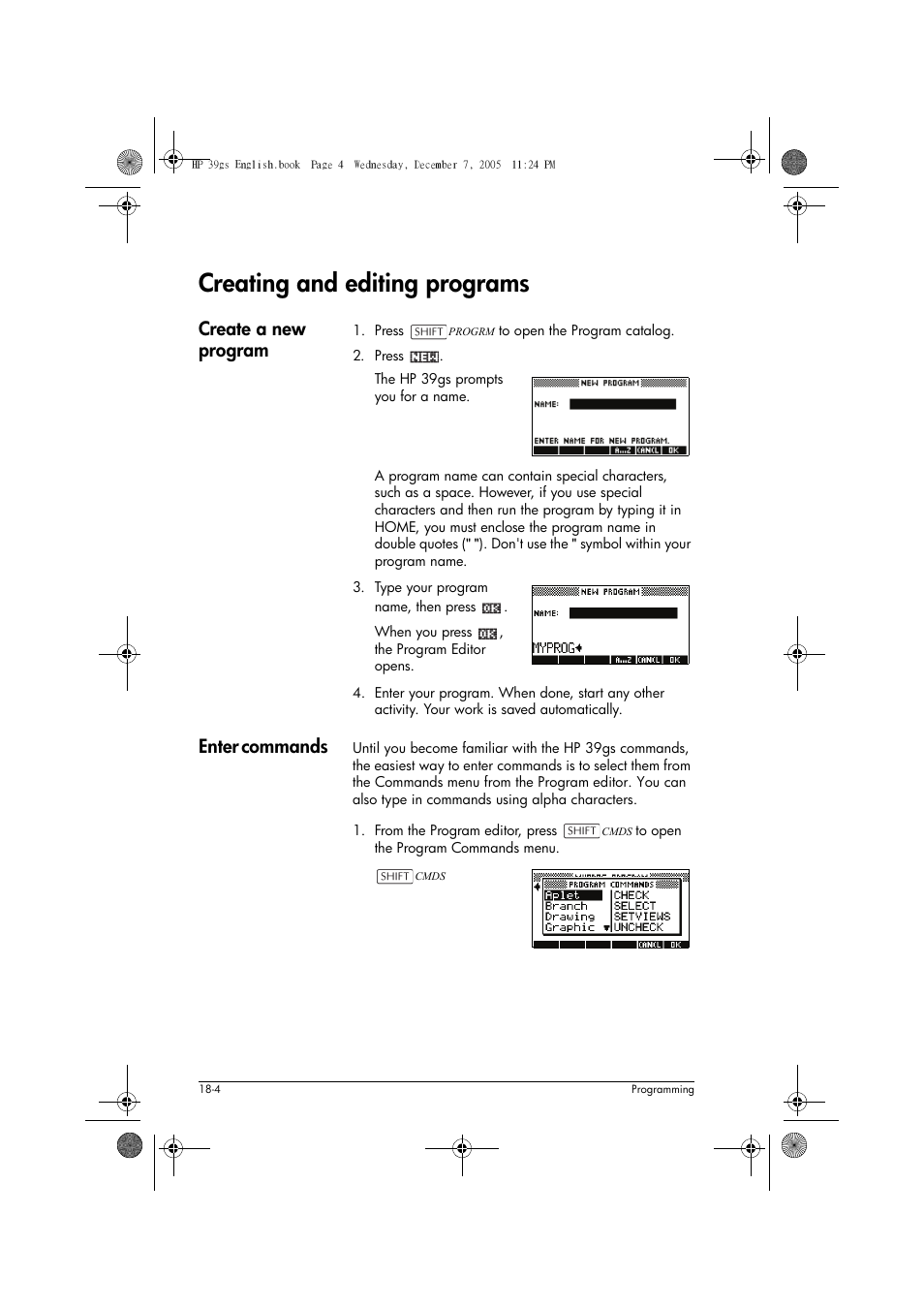 Creating and editing programs, Create a new program, Enter commands | HP 39gs User Manual | Page 226 / 314