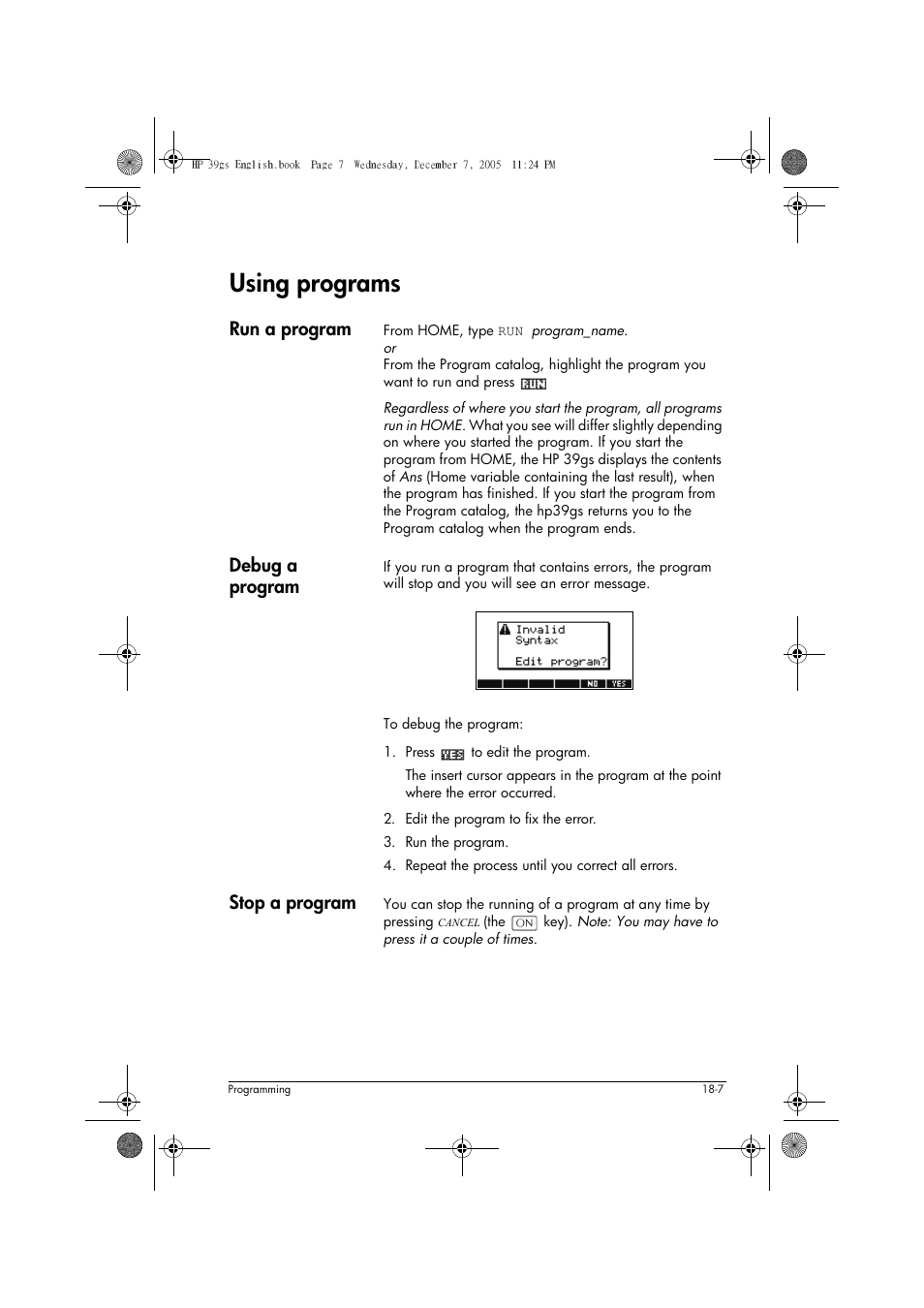 Using programs, Run a program, Debug a program | Stop a program | HP 39gs User Manual | Page 229 / 314