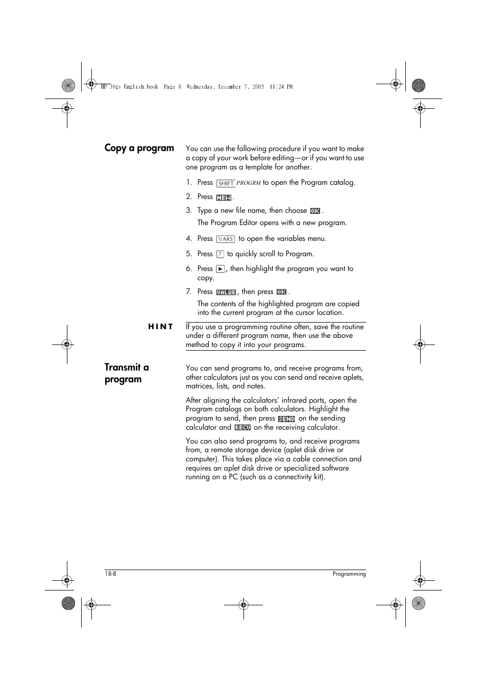 Copy a program, Transmit a program | HP 39gs User Manual | Page 230 / 314