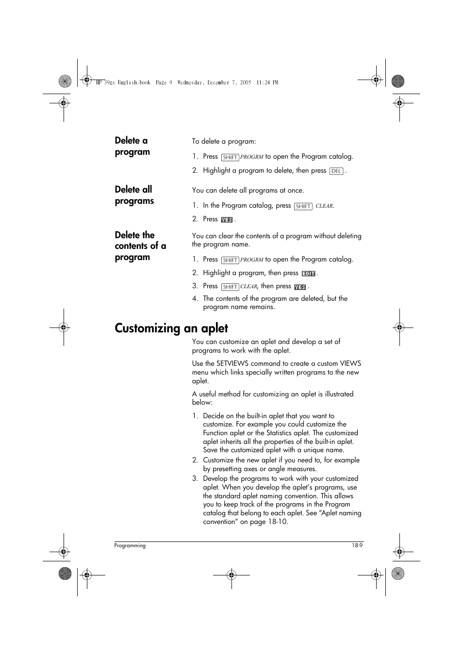 Customizing an aplet, Delete a program, Delete all programs | Delete the contents of a program | HP 39gs User Manual | Page 231 / 314