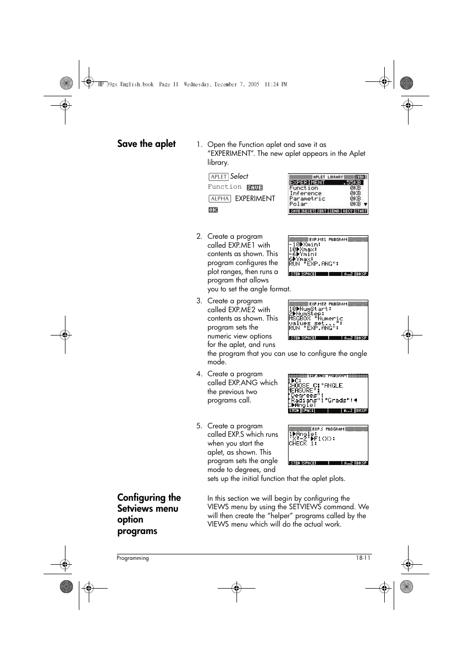 Save the aplet, Configuring the setviews menu option programs | HP 39gs User Manual | Page 233 / 314