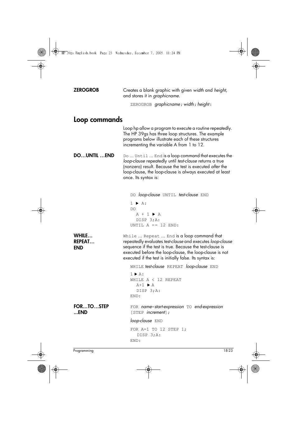 Loop commands | HP 39gs User Manual | Page 245 / 314