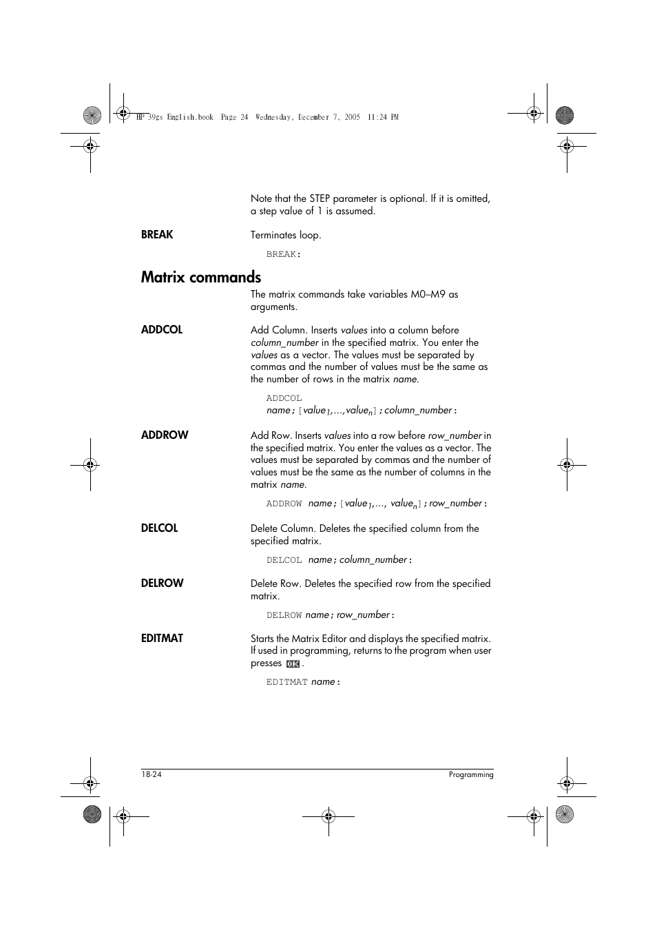 Matrix commands | HP 39gs User Manual | Page 246 / 314