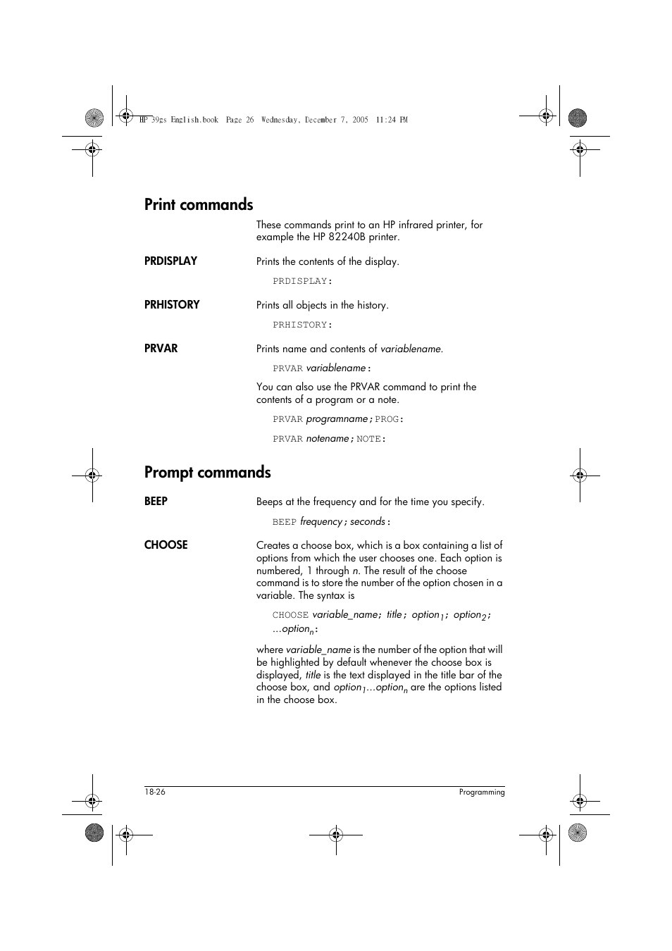 Print commands, Prompt commands | HP 39gs User Manual | Page 248 / 314