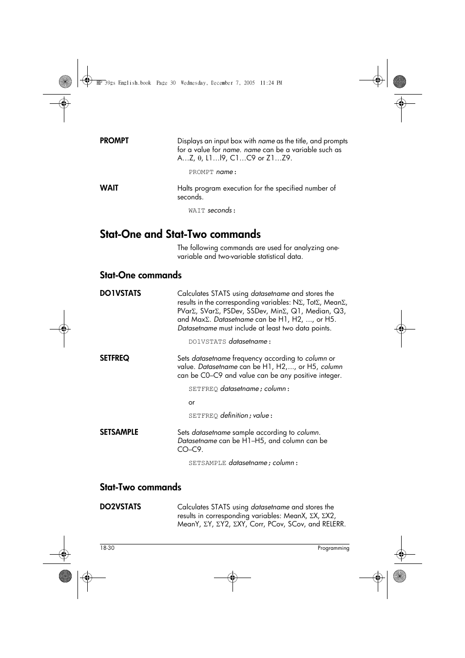 Stat-one and stat-two commands, Stat-two commands, Stat-one commands | HP 39gs User Manual | Page 252 / 314