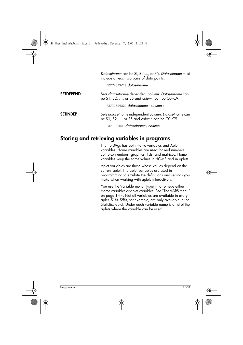 Storing and retrieving variables in programs | HP 39gs User Manual | Page 253 / 314