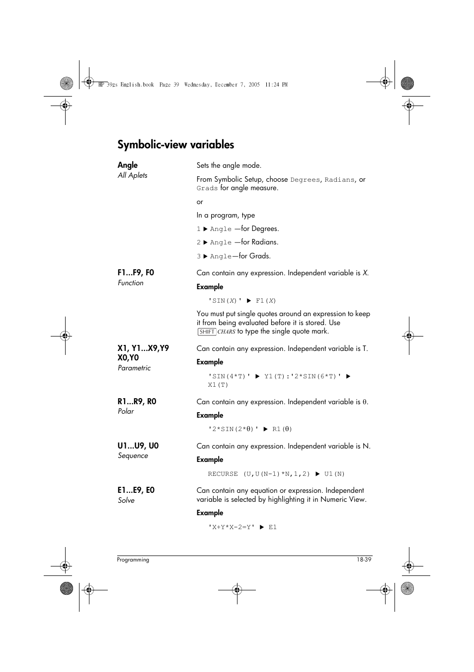 Symbolic-view variables | HP 39gs User Manual | Page 261 / 314