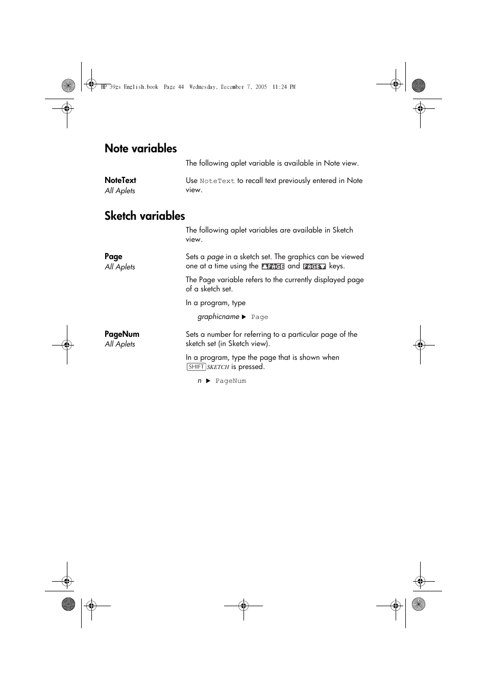 Note variables, Sketch variables | HP 39gs User Manual | Page 266 / 314