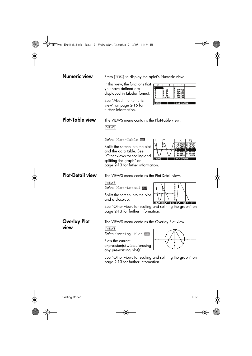 Numeric view, Plot-table view, Plot-detail view | Overlay plot view | HP 39gs User Manual | Page 27 / 314