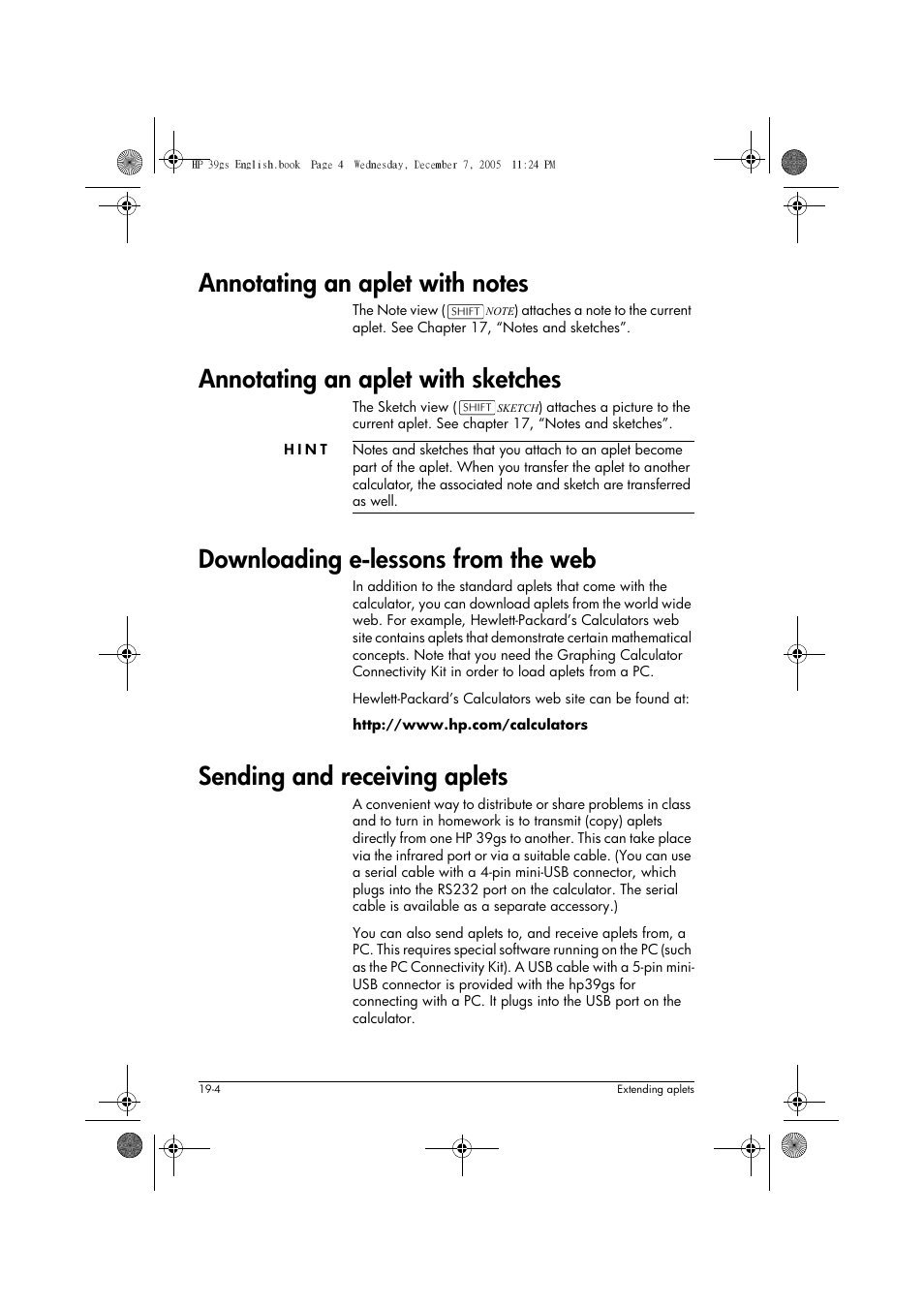 Annotating an aplet with notes, Annotating an aplet with sketches, Downloading e-lessons from the web | Sending and receiving aplets | HP 39gs User Manual | Page 270 / 314