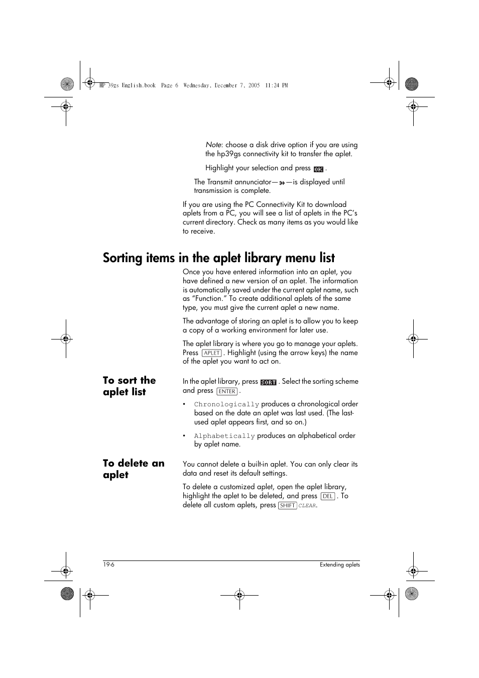Sorting items in the aplet library menu list | HP 39gs User Manual | Page 272 / 314