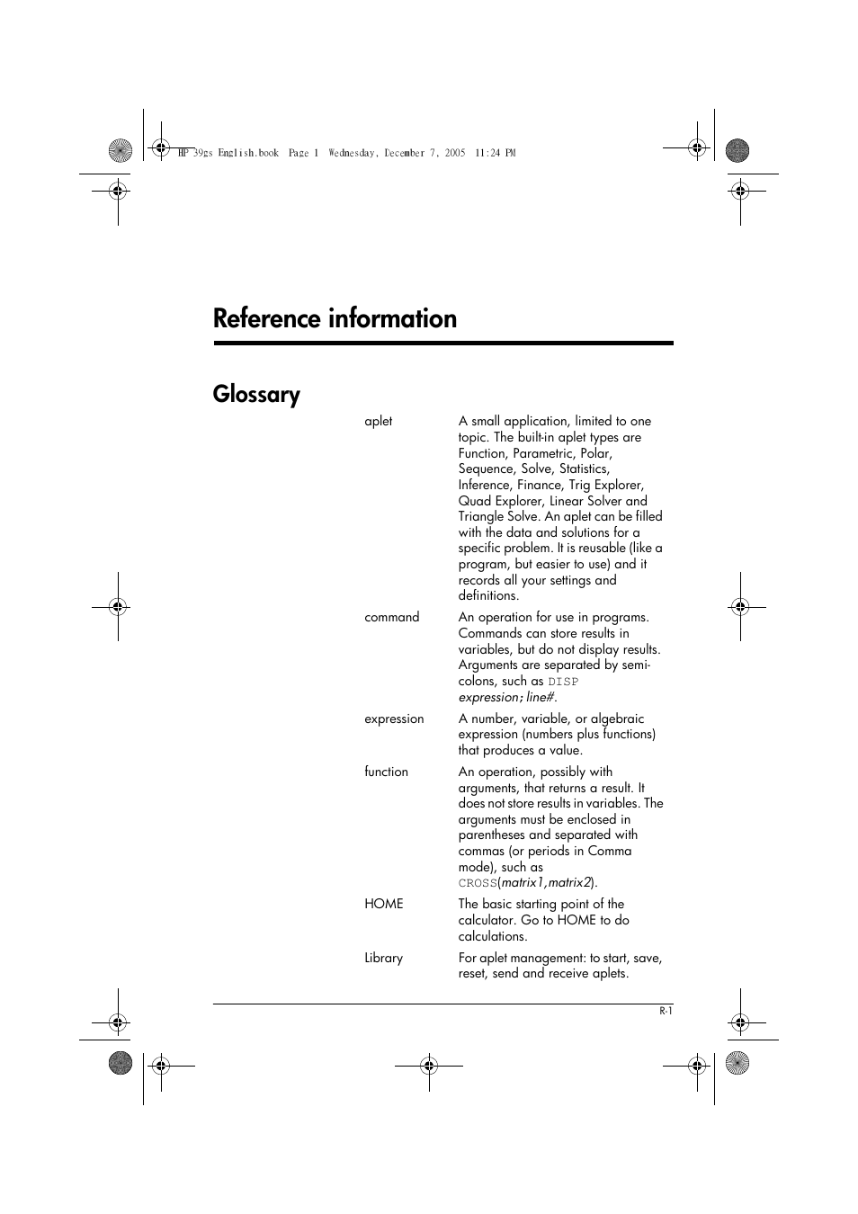 Reference information, Glossary, Rreference information | HP 39gs User Manual | Page 273 / 314