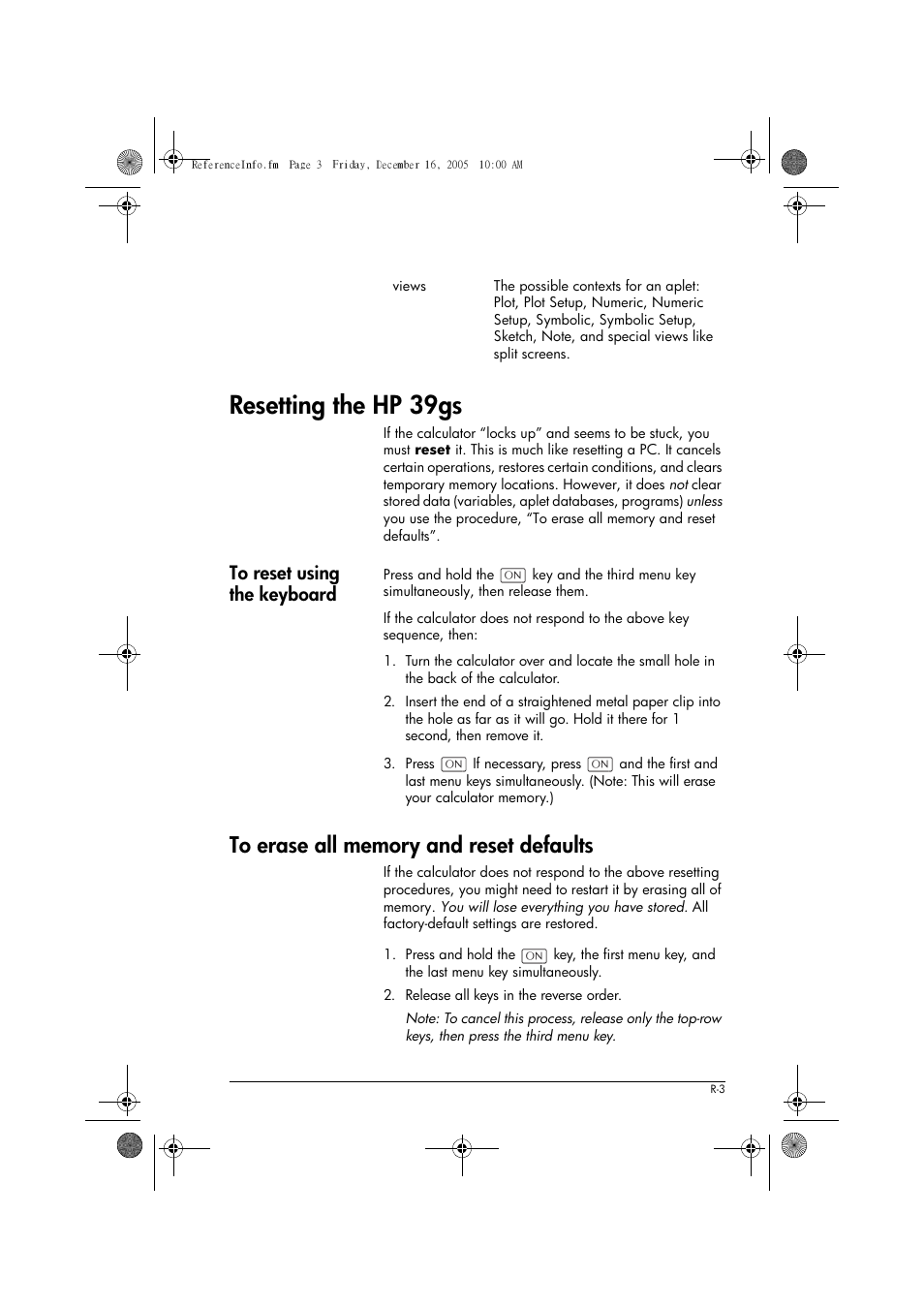 Resetting the hp 39gs, To erase all memory and reset defaults | HP 39gs User Manual | Page 275 / 314