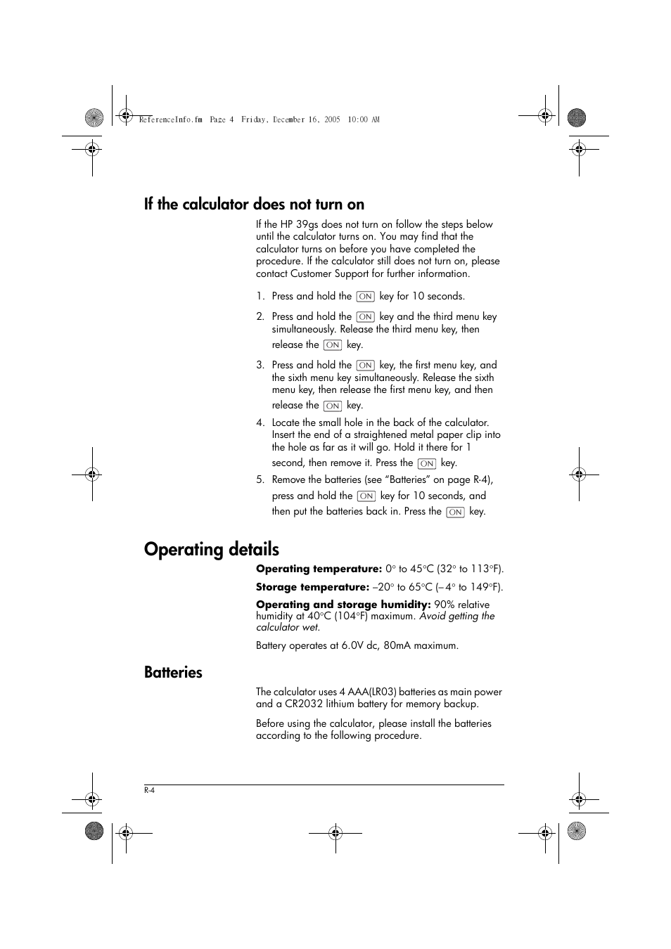 If the calculator does not turn on, Operating details, Batteries | HP 39gs User Manual | Page 276 / 314