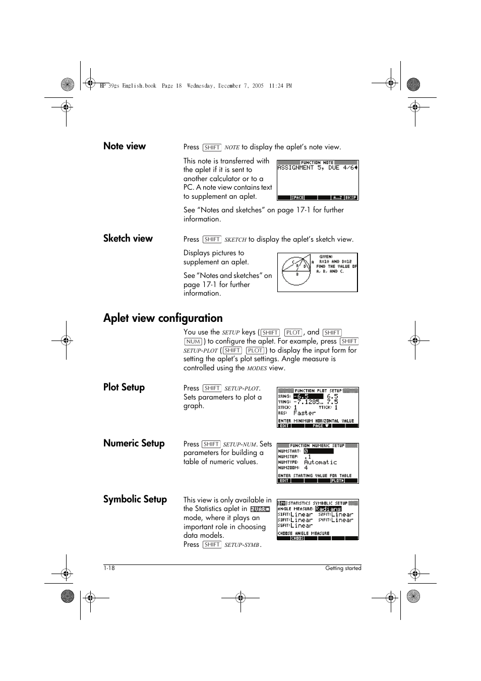 Aplet view configuration, Sketch view, Plot setup | Numeric setup, Symbolic setup | HP 39gs User Manual | Page 28 / 314