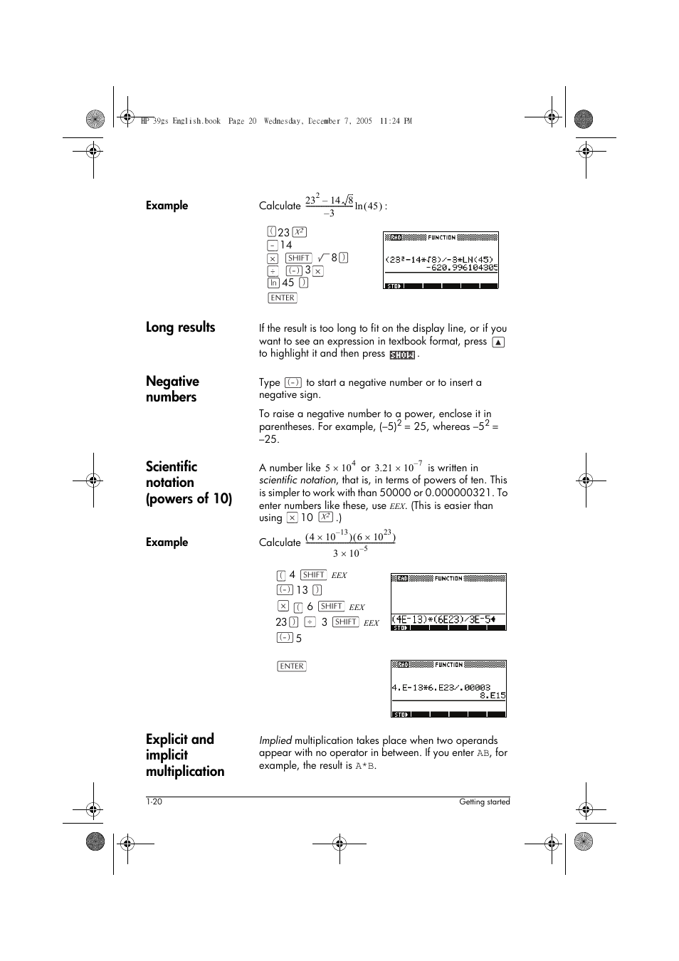 Long results, Negative numbers, Scientific notation (powers of 10) | Explicit and implicit multiplication | HP 39gs User Manual | Page 30 / 314