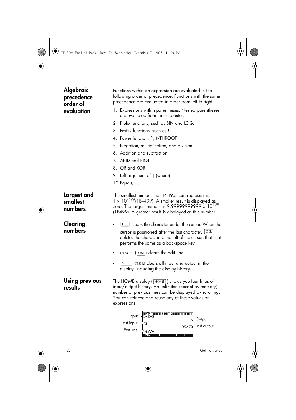 Algebraic precedence order of evaluation, Largest and smallest numbers, Clearing numbers | Using previous results | HP 39gs User Manual | Page 32 / 314