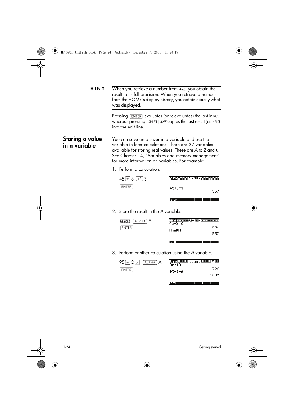 Storing a value in a variable | HP 39gs User Manual | Page 34 / 314