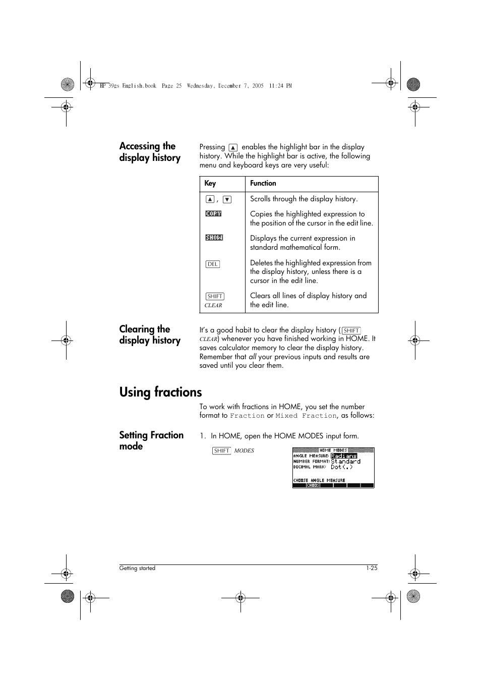Using fractions, Accessing the display history, Clearing the display history | Setting fraction mode | HP 39gs User Manual | Page 35 / 314