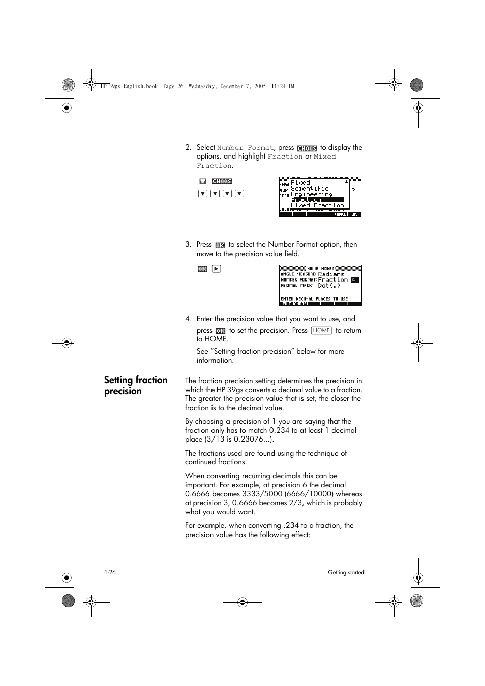Setting fraction precision | HP 39gs User Manual | Page 36 / 314