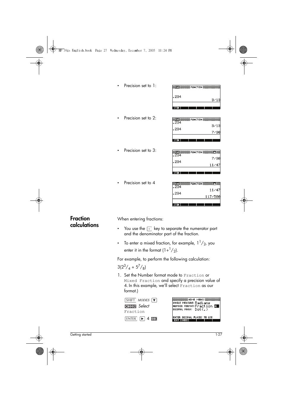 Fraction calculations | HP 39gs User Manual | Page 37 / 314