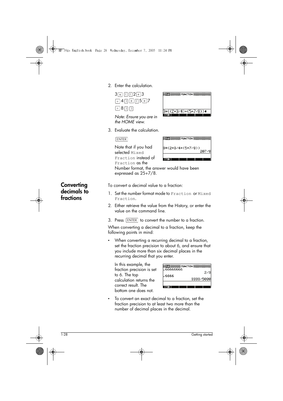 Converting decimals to fractions | HP 39gs User Manual | Page 38 / 314