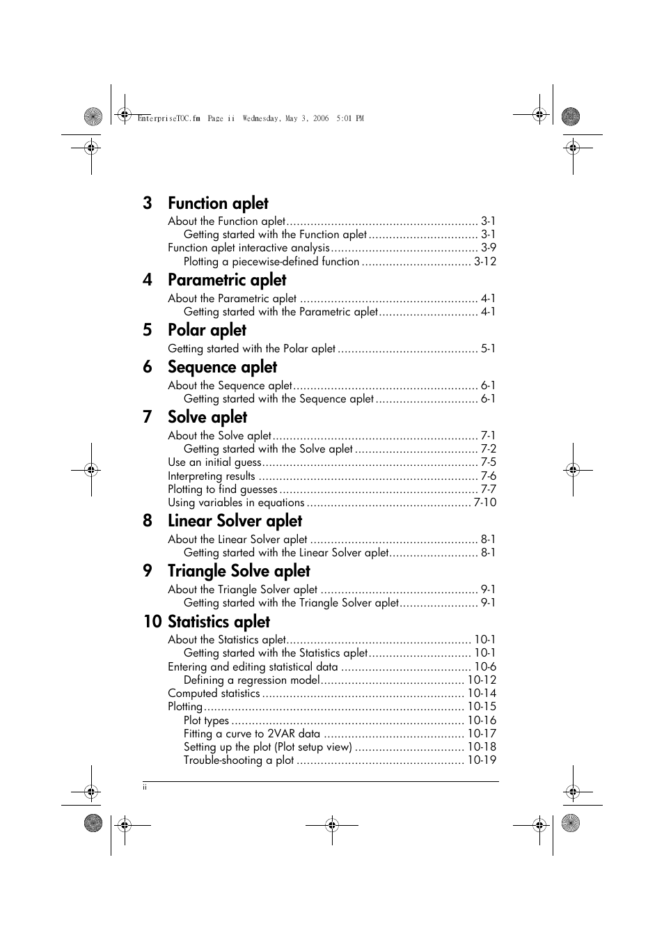 3 function aplet, 4 parametric aplet, 5 polar aplet | 6 sequence aplet, 7 solve aplet, 8 linear solver aplet, 9 triangle solve aplet, 10 statistics aplet | HP 39gs User Manual | Page 4 / 314