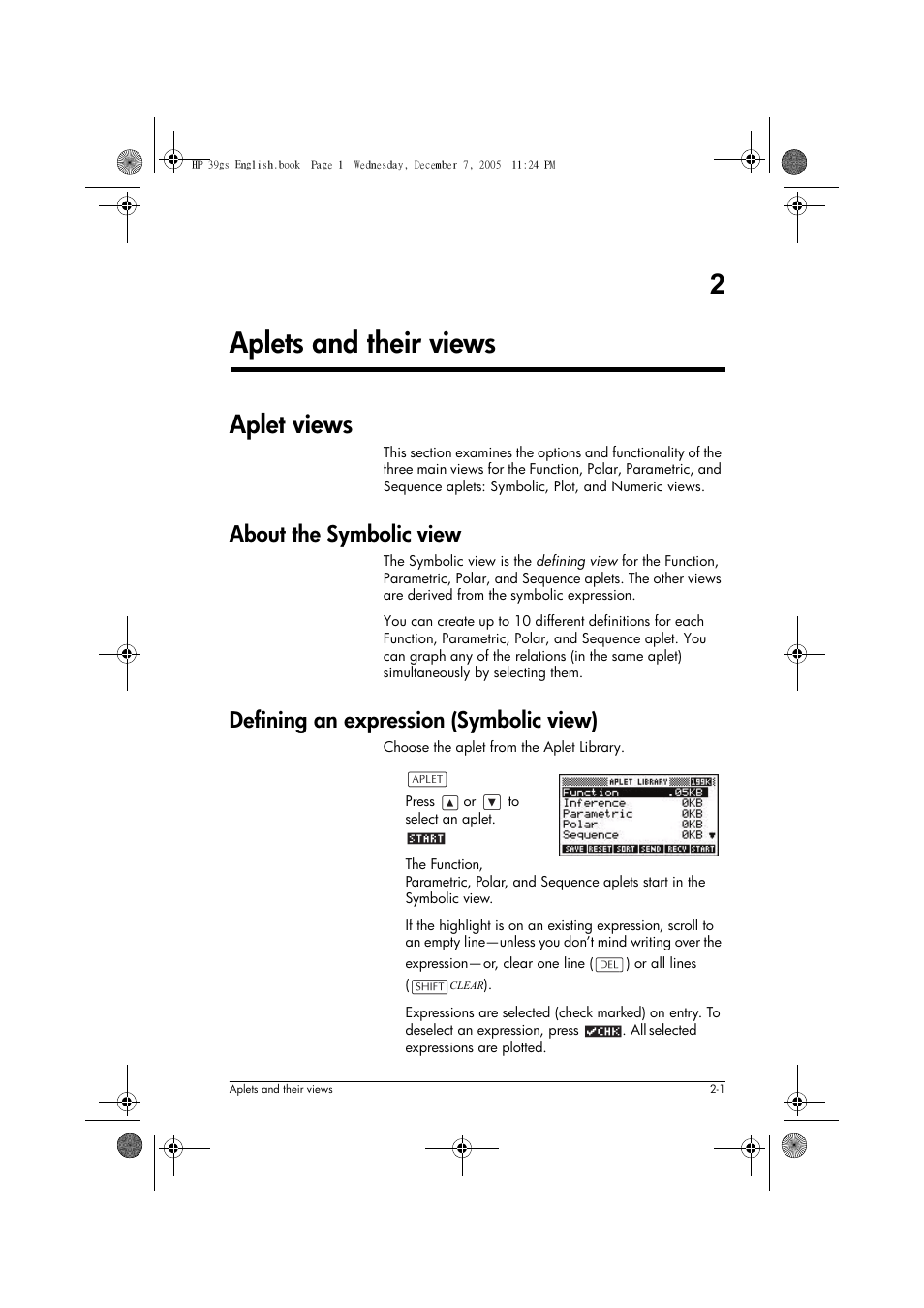 Aplets and their views, Aplet views, About the symbolic view | Defining an expression (symbolic view), 2aplets and their views | HP 39gs User Manual | Page 41 / 314