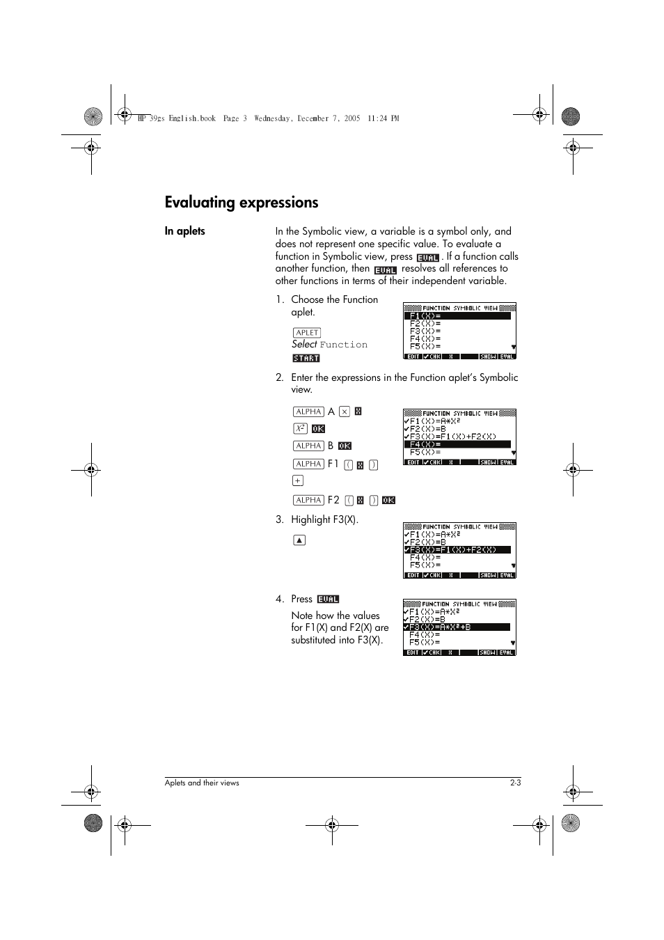 Evaluating expressions | HP 39gs User Manual | Page 43 / 314