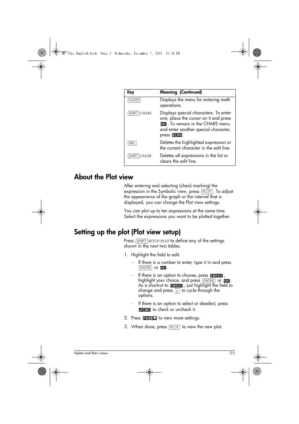 About the plot view, Setting up the plot (plot view setup) | HP 39gs User Manual | Page 45 / 314