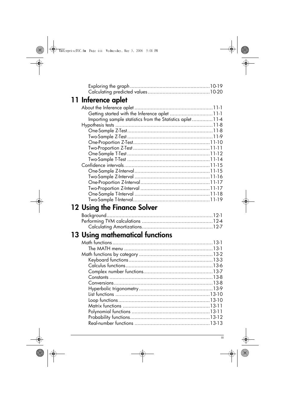 11 inference aplet, 12 using the finance solver, 13 using mathematical functions | HP 39gs User Manual | Page 5 / 314