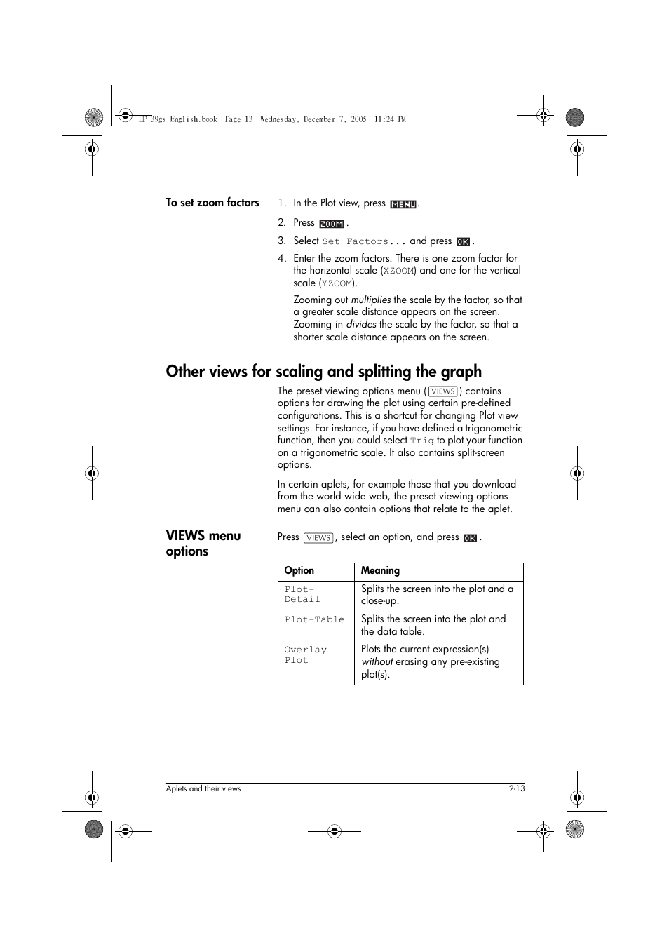 Other views for scaling and splitting the graph, Views menu options | HP 39gs User Manual | Page 53 / 314