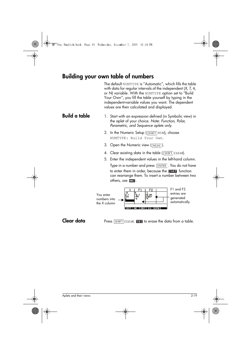 Building your own table of numbers, Build a table, Clear data | HP 39gs User Manual | Page 59 / 314