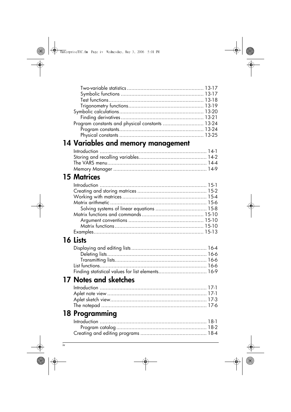 15 matrices, 16 lists, 18 programming | HP 39gs User Manual | Page 6 / 314