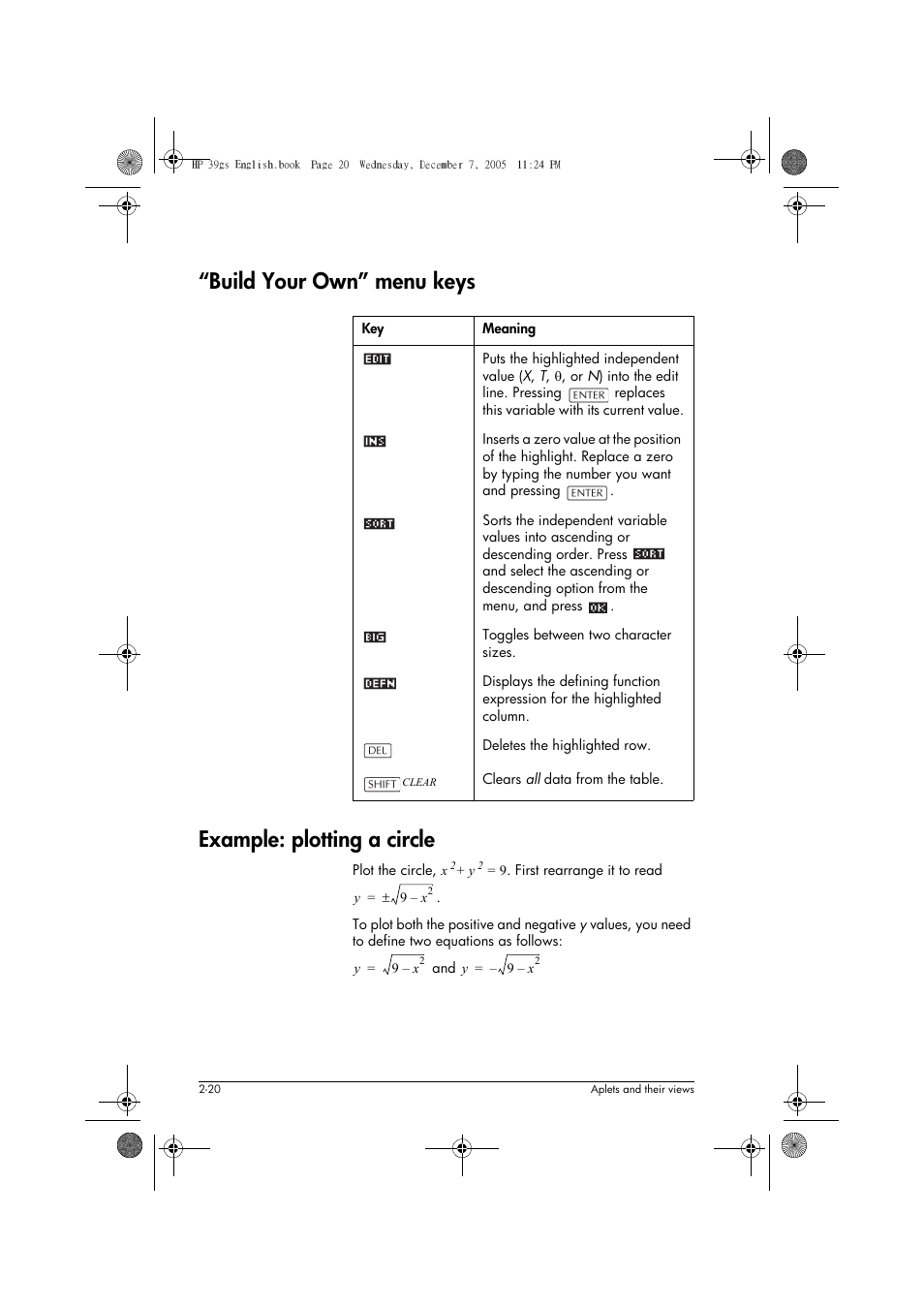 Build your own” menu keys, Example: plotting a circle | HP 39gs User Manual | Page 60 / 314