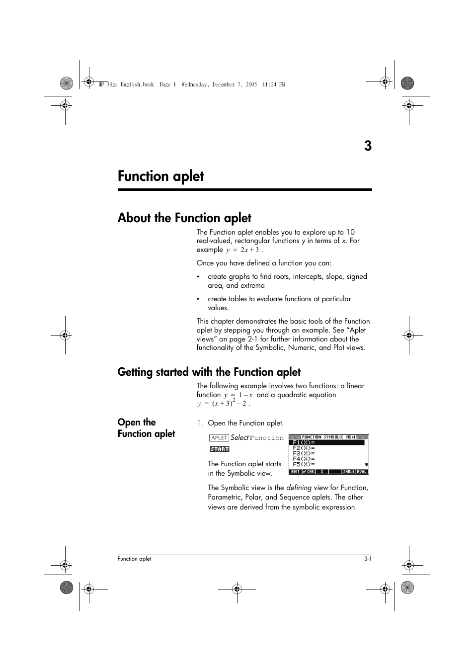 Function aplet, About the function aplet, Getting started with the function aplet | 3function aplet, Open the function aplet | HP 39gs User Manual | Page 63 / 314