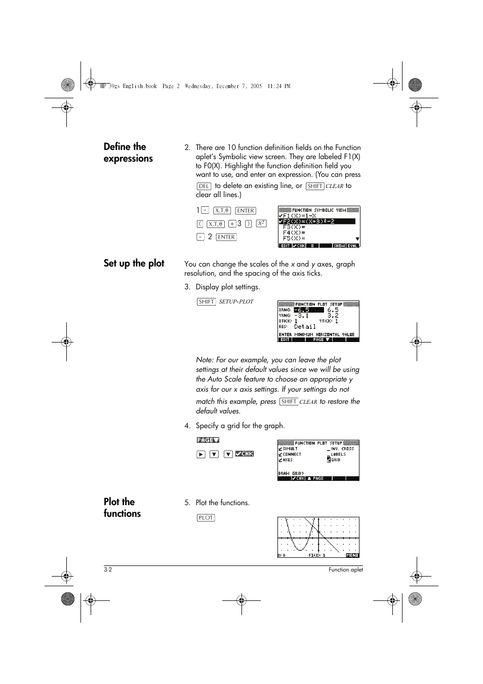 Define the expressions, Set up the plot, Plot the functions | HP 39gs User Manual | Page 64 / 314