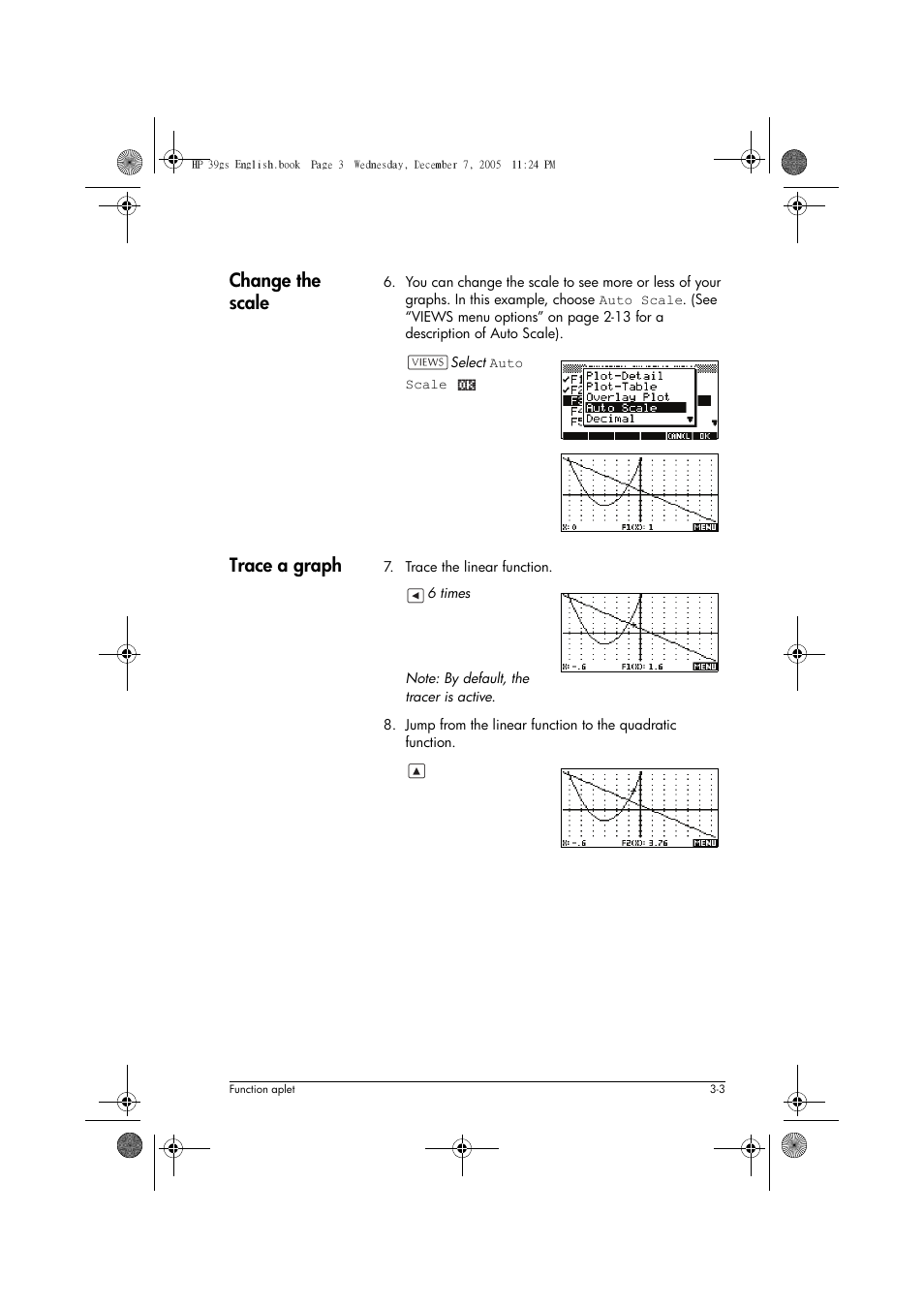 Change the scale, Trace a graph | HP 39gs User Manual | Page 65 / 314