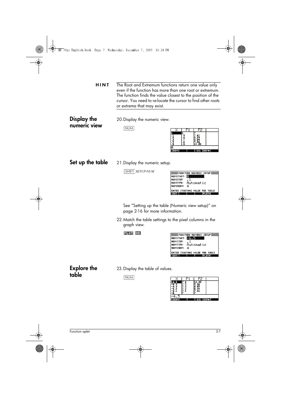 Display the numeric view, Set up the table, Explore the table | HP 39gs User Manual | Page 69 / 314