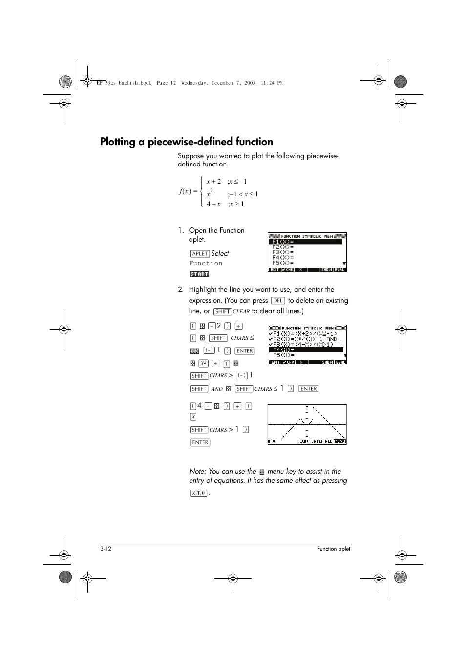 Plotting a piecewise-defined function | HP 39gs User Manual | Page 74 / 314