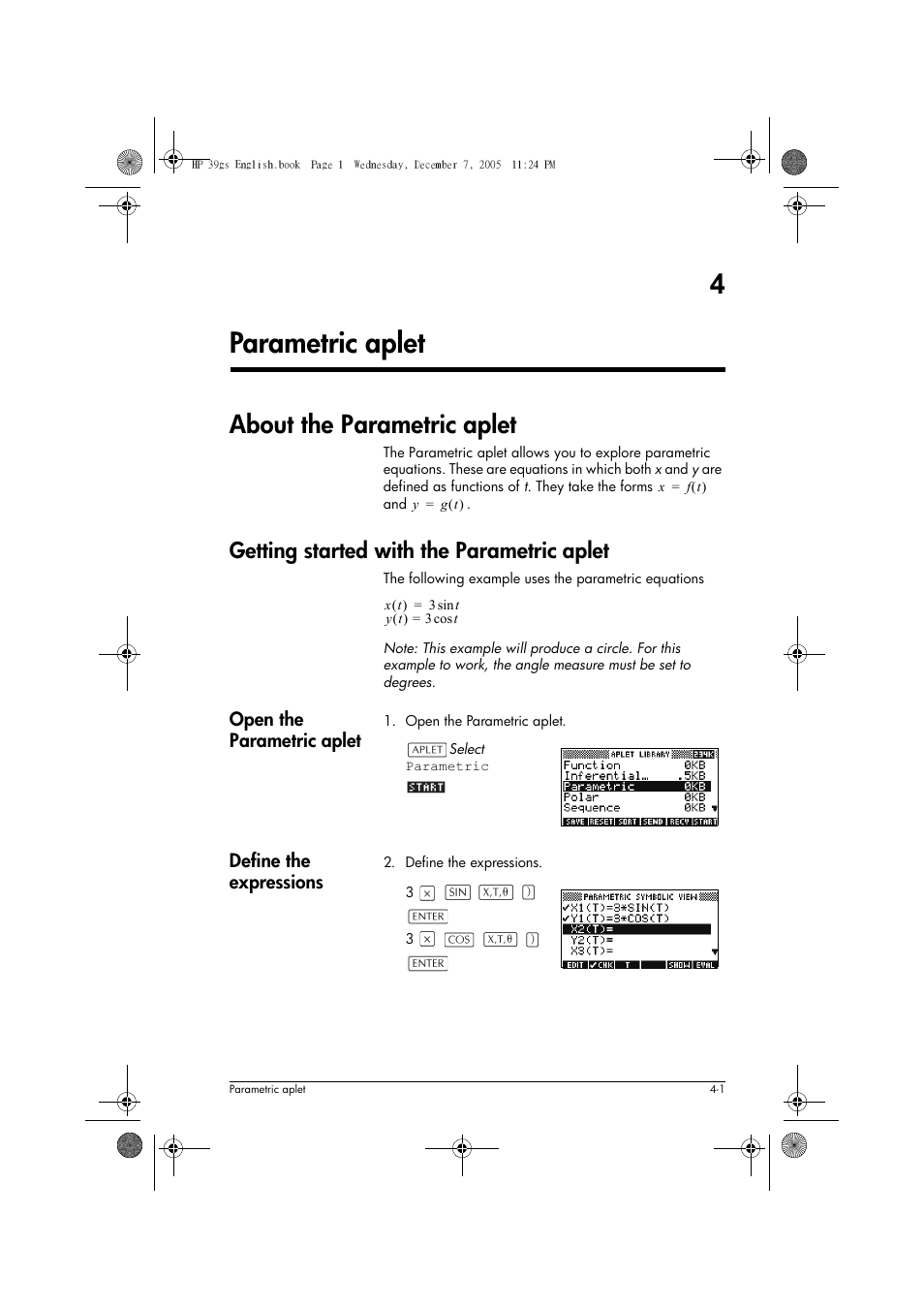 Parametric aplet, About the parametric aplet, Getting started with the parametric aplet | 4parametric aplet, Open the parametric aplet, Define the expressions | HP 39gs User Manual | Page 75 / 314