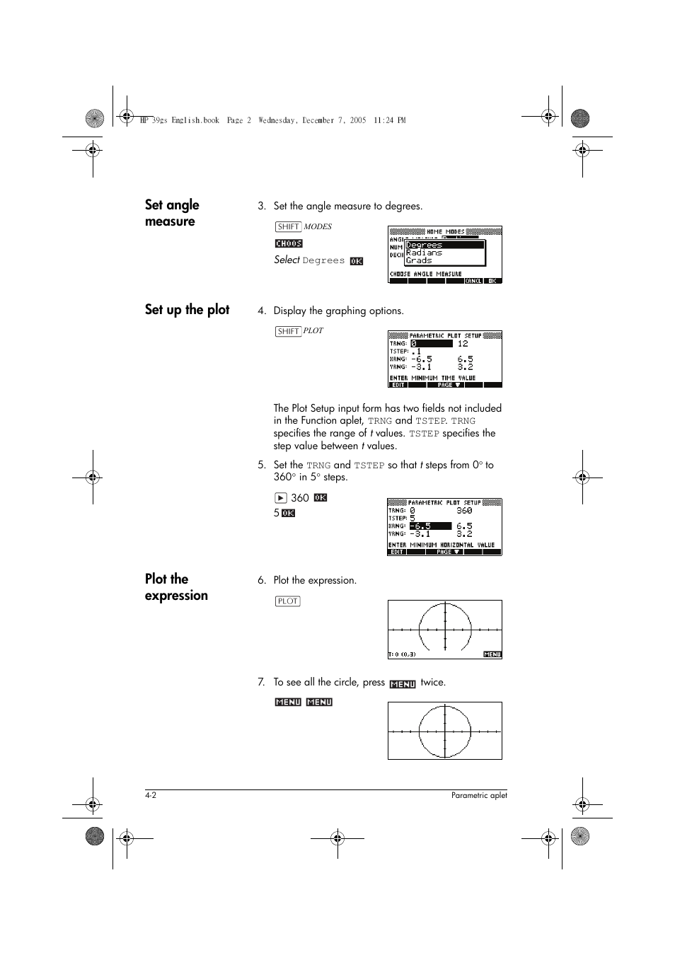 Set angle measure, Set up the plot, Plot the expression | HP 39gs User Manual | Page 76 / 314