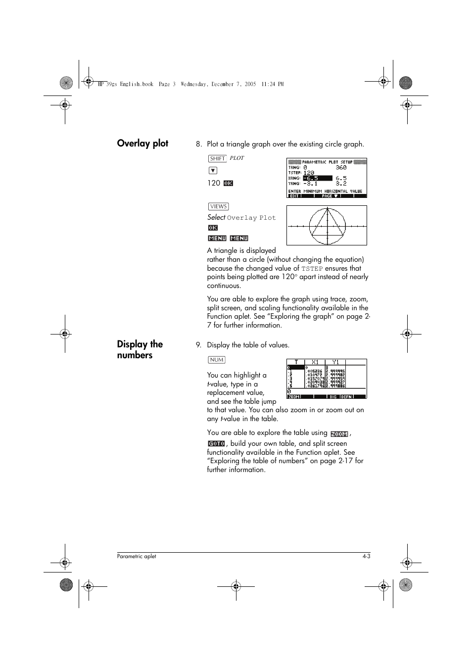 Overlay plot, Display the numbers | HP 39gs User Manual | Page 77 / 314