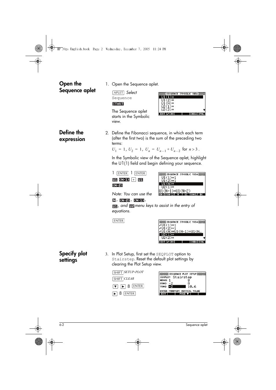 Open the sequence aplet, Define the expression, Specify plot settings | HP 39gs User Manual | Page 82 / 314