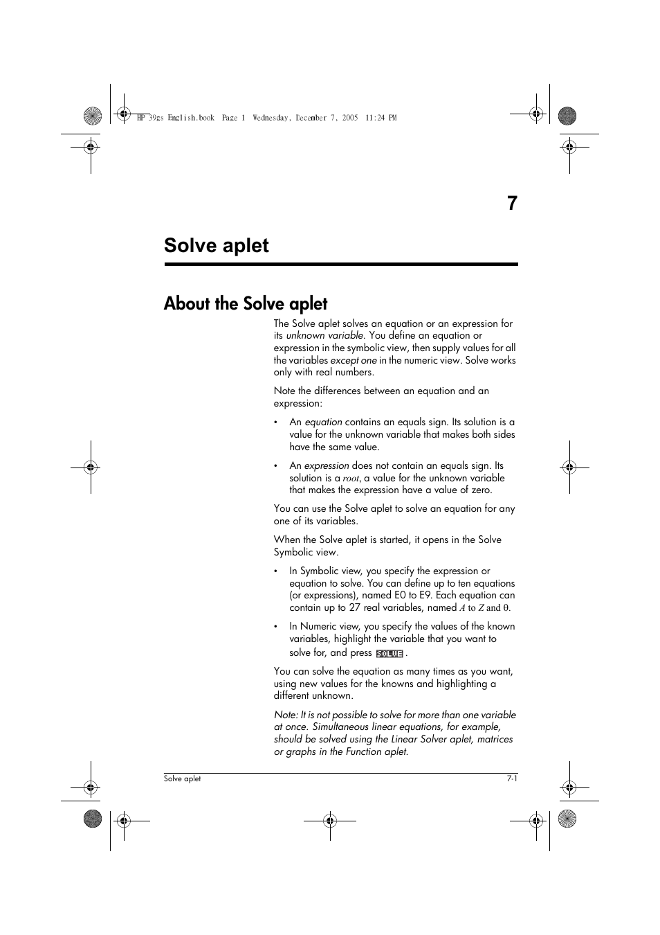 Solve aplet, About the solve aplet, 7solve aplet | HP 39gs User Manual | Page 85 / 314